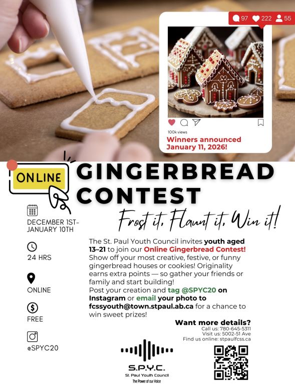 St. Paul Youth Council event poster for Gingerbread Contest from December 1, 2025 to January 10, 2026