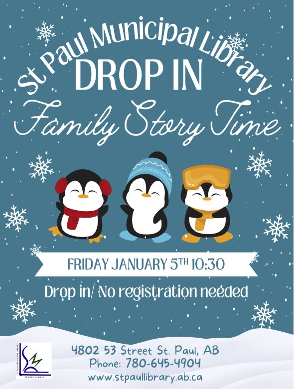 St. Paul Municipal Library event poster for Drop-in Family Storytime on January 5, 2026