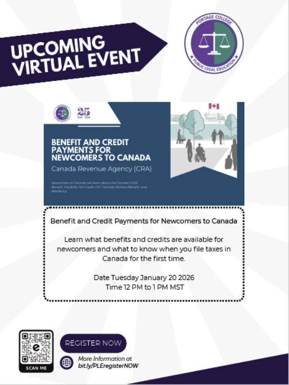 Portage College Public Legal Education event poster for a Benefits & Credits virtual webinar