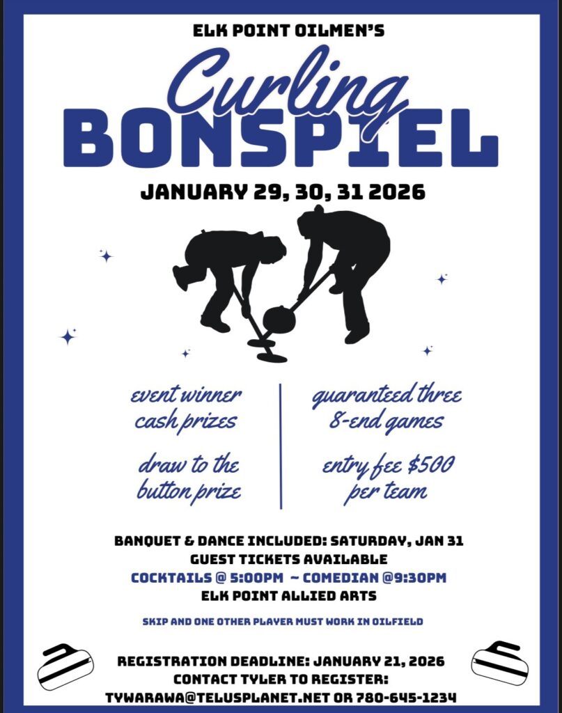 Elk Point Oilmen's event poster for the Curling Bonspiel from January 29-31, 2026
