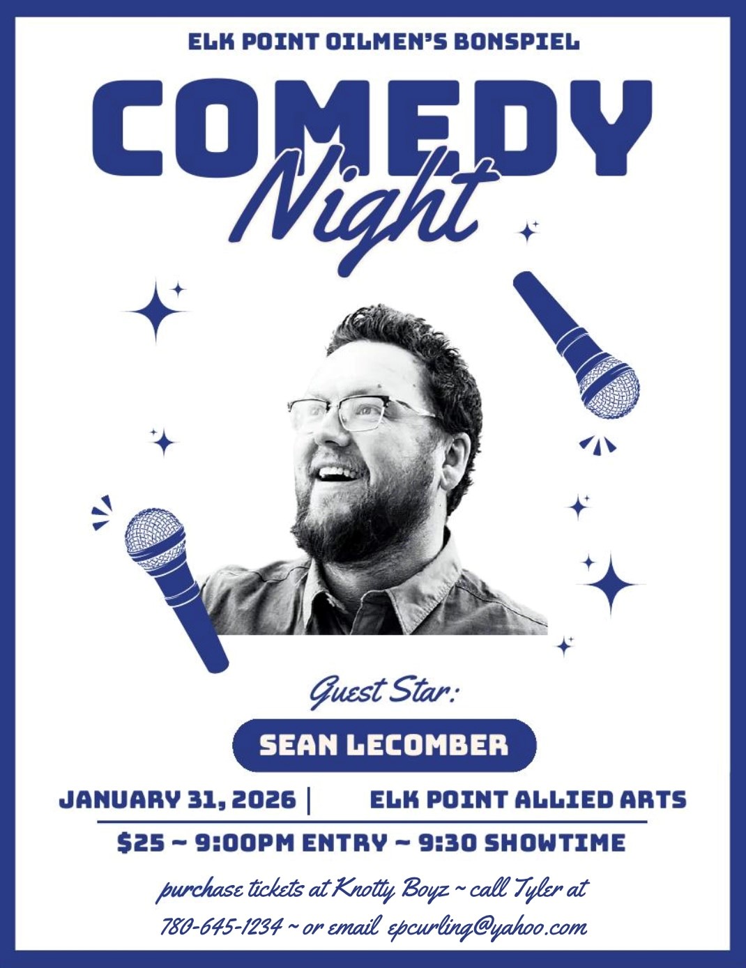 Elk Point Oilmen's event poster for Comedy Night with Sean Lecomber on January 31, 2026