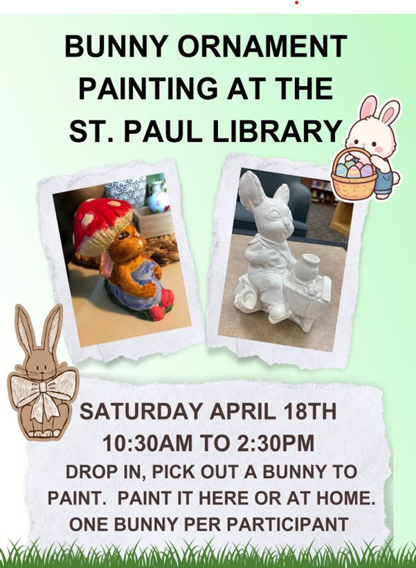 St. Paul Library event poster for Bunny Ornament Painting on April 18, 2026
