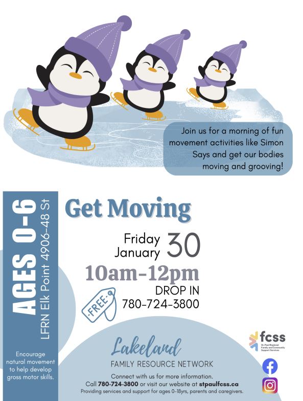 Lakeland Family Resource Network event poster for Get Moving in Elk Point, Alberta, on January 30, 2026