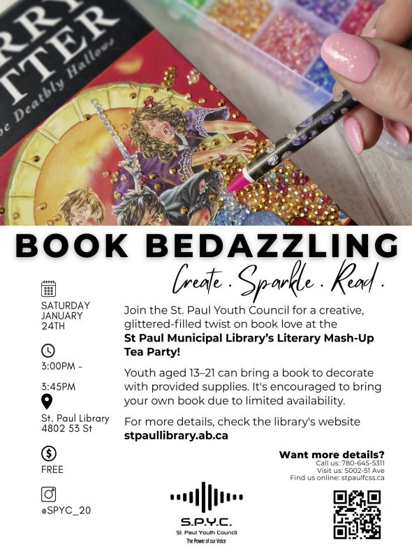 St. Paul Youth Council event poster for Book Bedazzling on January 24, 2026, in St. Paul, Alberta