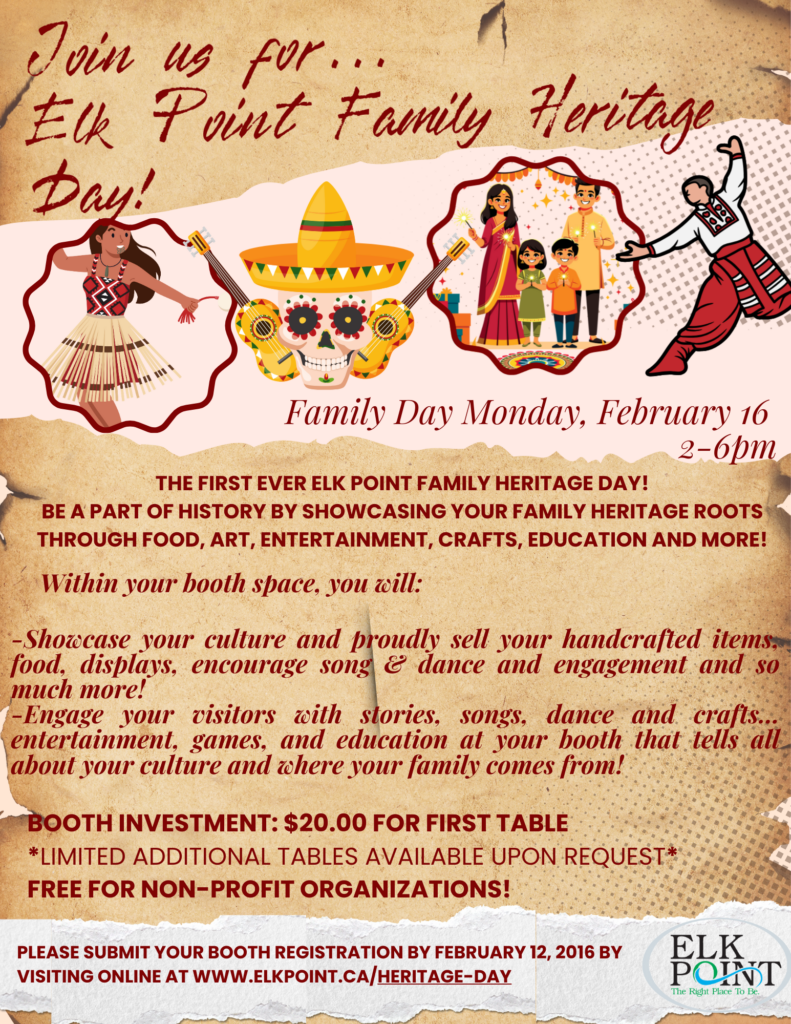 Town of Elk Point event/registration poster for Family Heritage Day on February 16, 2026