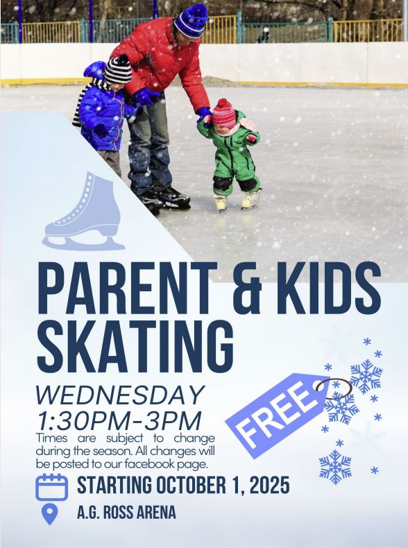 A.G. Ross Arena event poster for Parents & Kids Skating, weekly on Wednesdays in Elk Point