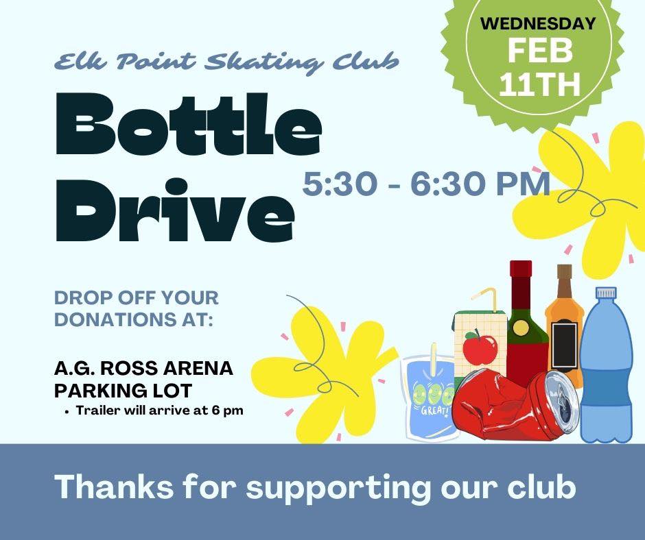 Elk Point Skating Club event poster for a Bottle Drive happening on February 11, 2026