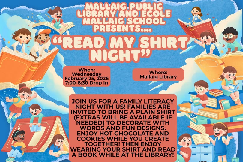 Mallaig Library event poster for "Read My Shirt" Night on February 25, 2026