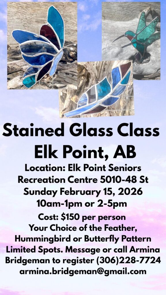 Elk Point Seniors' event poster for Stained Glass Class on February 15, 2026