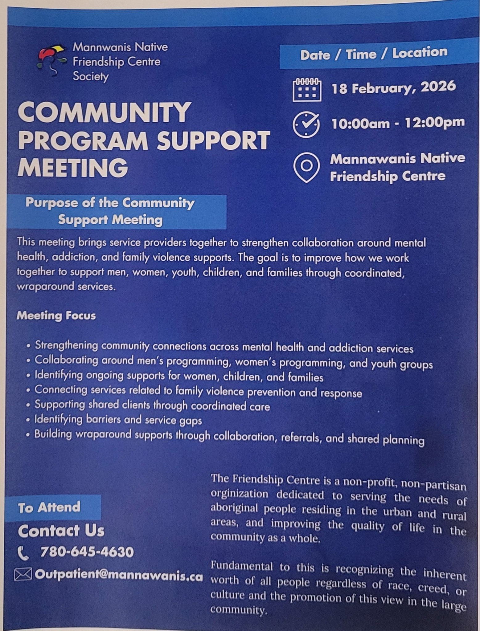 Mannawanis Native Friendship Centre event poster for Community Program Support Meeting on February 18, 2026