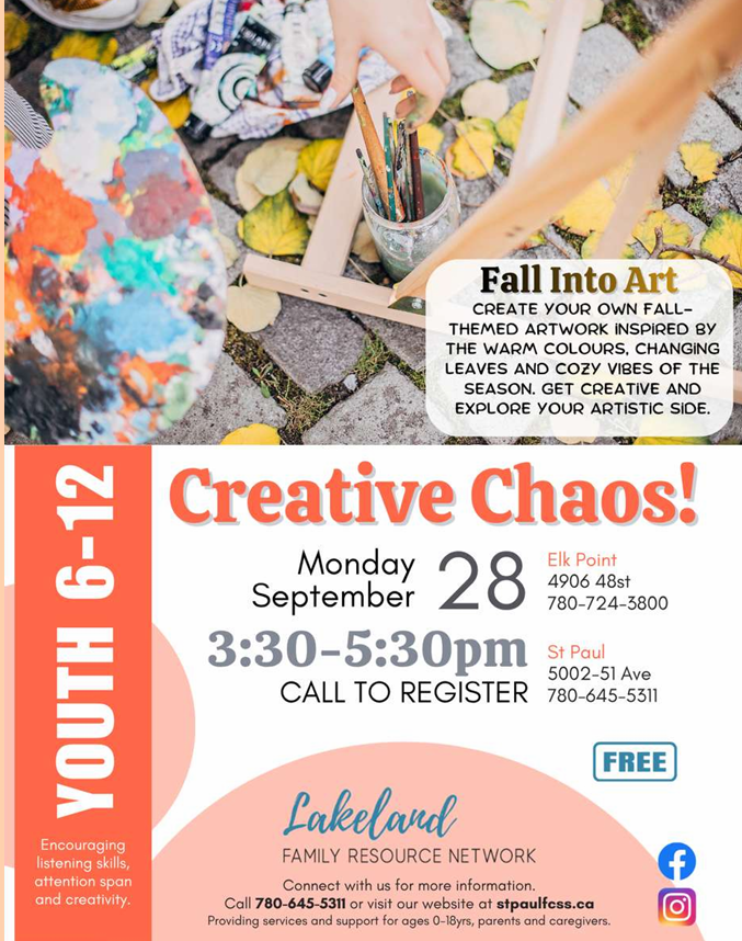 Lakeland Family Resource Network event poster for Creative Chaos in both St. Paul and Elk Point on September 28, 2026