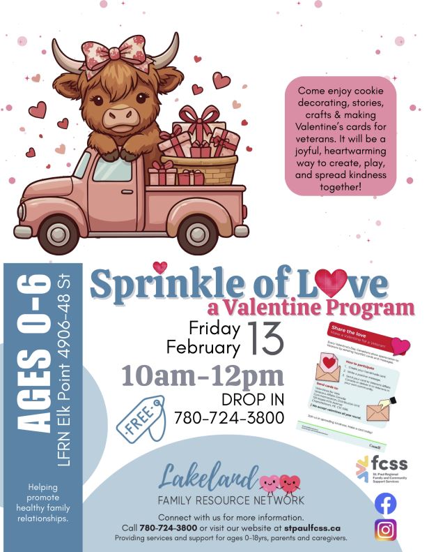 Lakeland Family Resource Network event poster for Sprinkle of Love in Elk Point, Alberta on February 13, 2026