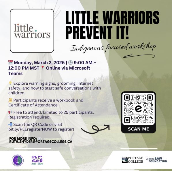 Portage College Legal Education event poster for Little Warriors on March 2, 2026