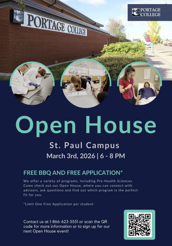 Portage College event poster for the Open House at the St. Paul campus on March 3, 2026