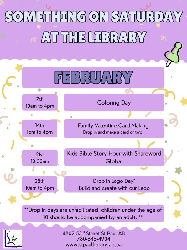 St. Paul Municipal Library event poster for Something on Saturday throughout February 2026