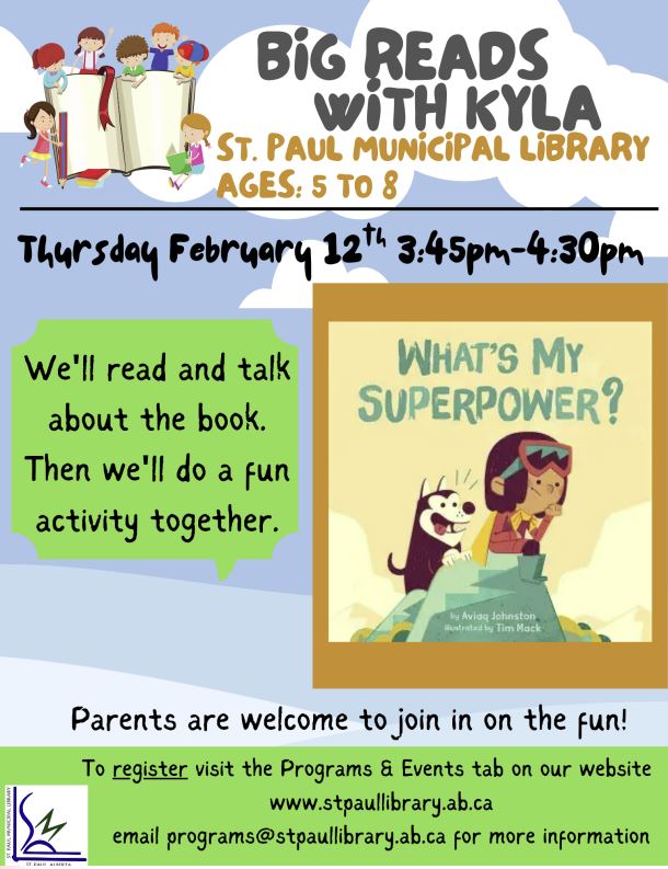 St. Paul Municipal Library event poster for Big Reads with Kyla on February 12, 2026