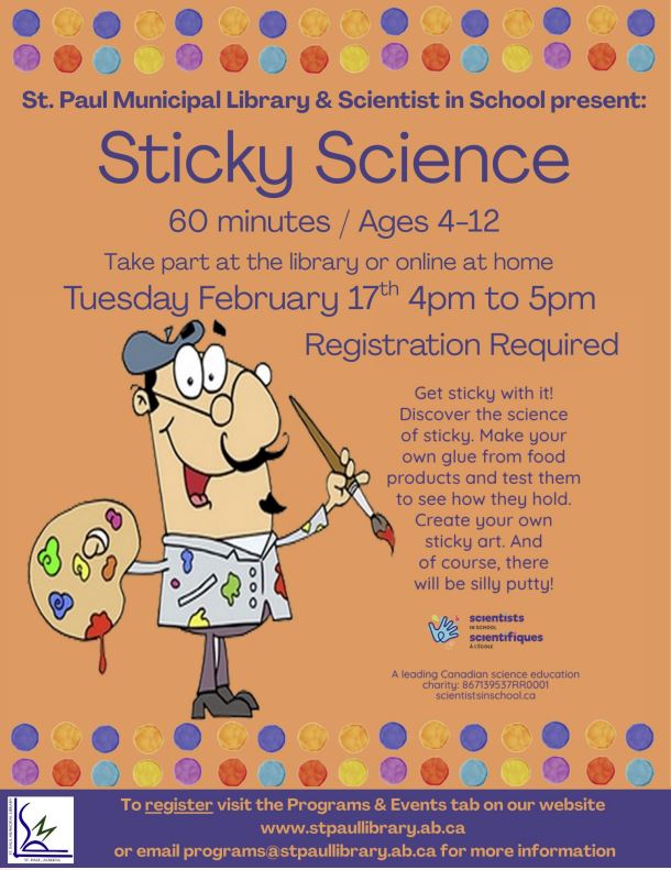 St. Paul Municipal Library event poster for Sticky Science on February 17, 2026