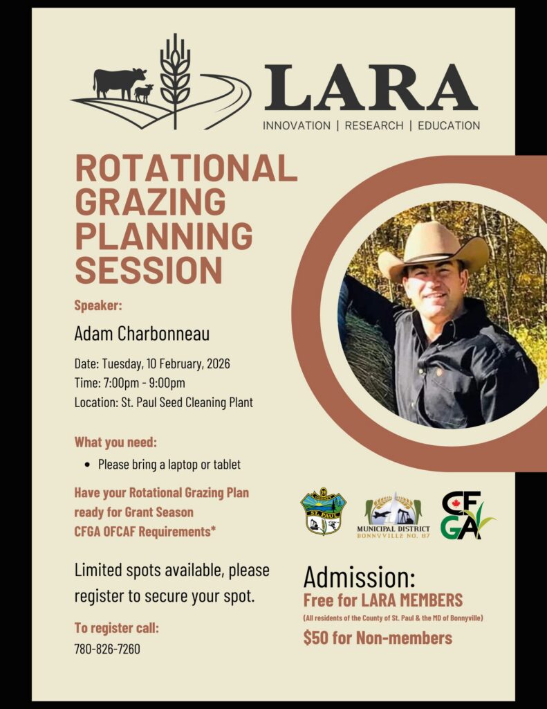 Lakeland Agricultural Research Association event poster for Rotational Grazing Planning Session in St. Paul, Alberta, on February 10, 2026