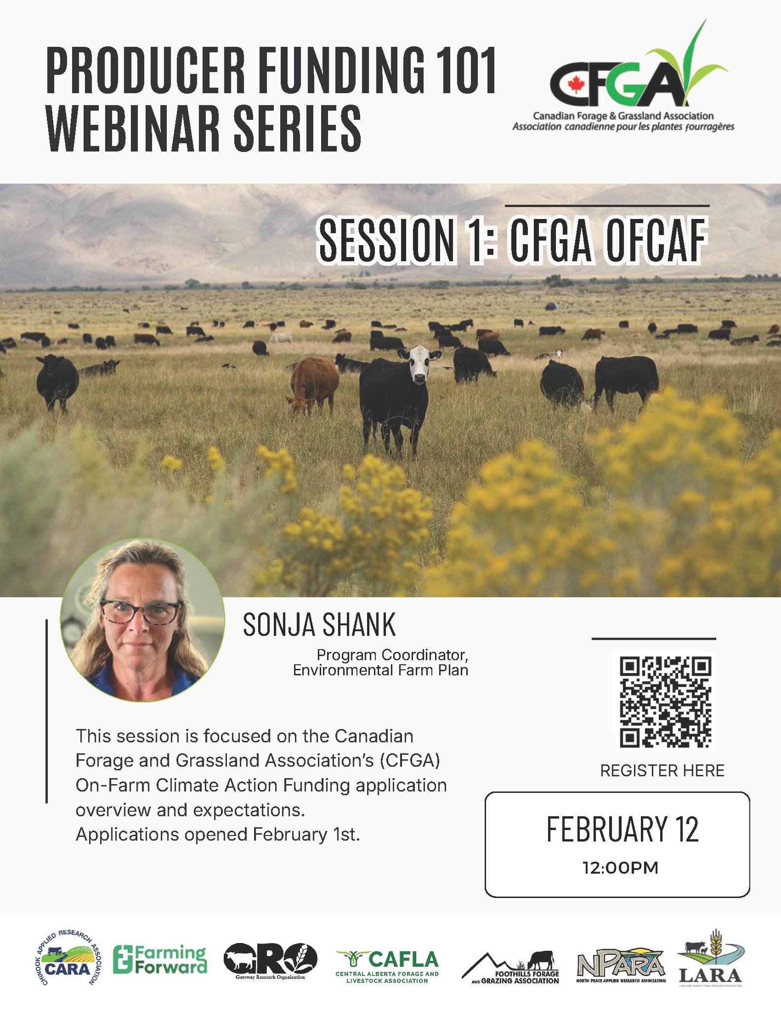 Lakeland Agricultural Research Association event poster for Producer Funding 101 - CFGA OFCAF on February 12, 2026