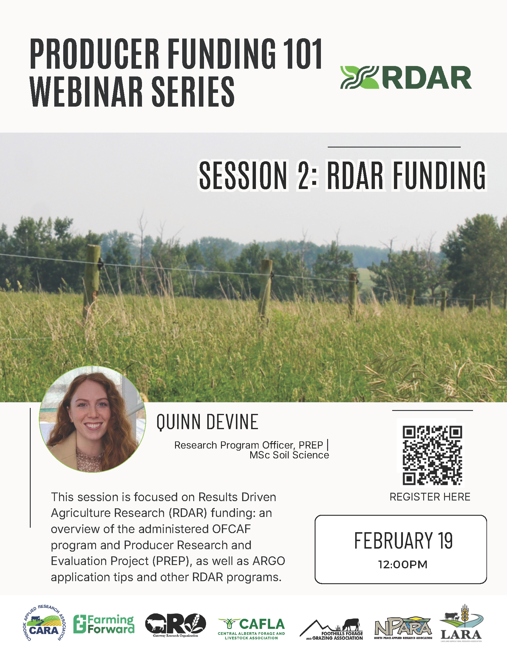 Lakeland Agricultural Research Association event poster for Producer Funding 101 - RDAR on February 19, 2026