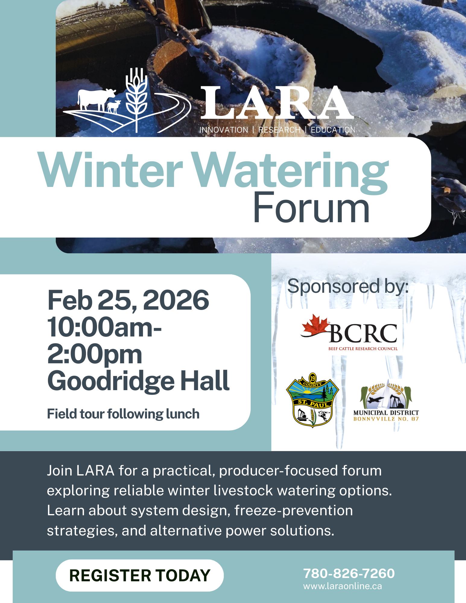 Lakeland Agricultural Research Association event poster for Winter Watering Forum in Goodridge, Alberta, on February 25, 2026