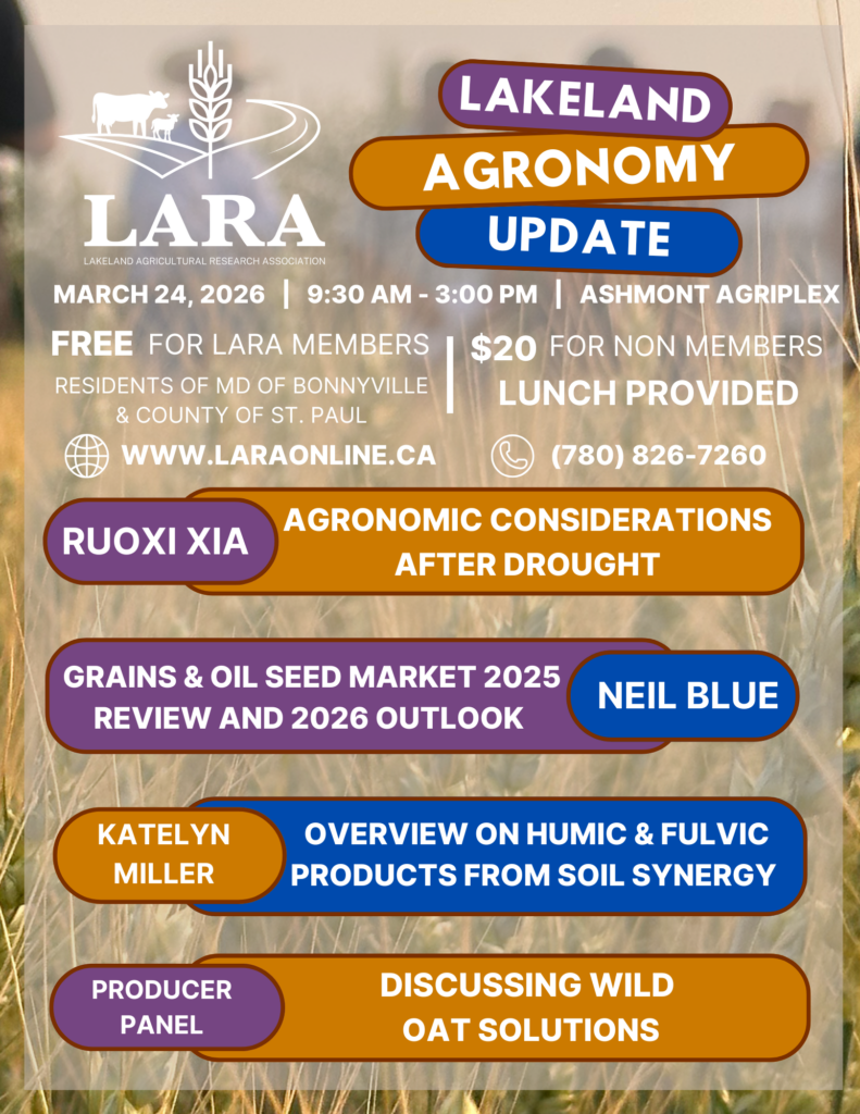 Lakeland Agricultural Research Association event poster for Lakeland Agronomy Update in Ashmont, Alberta, on March 24, 2026