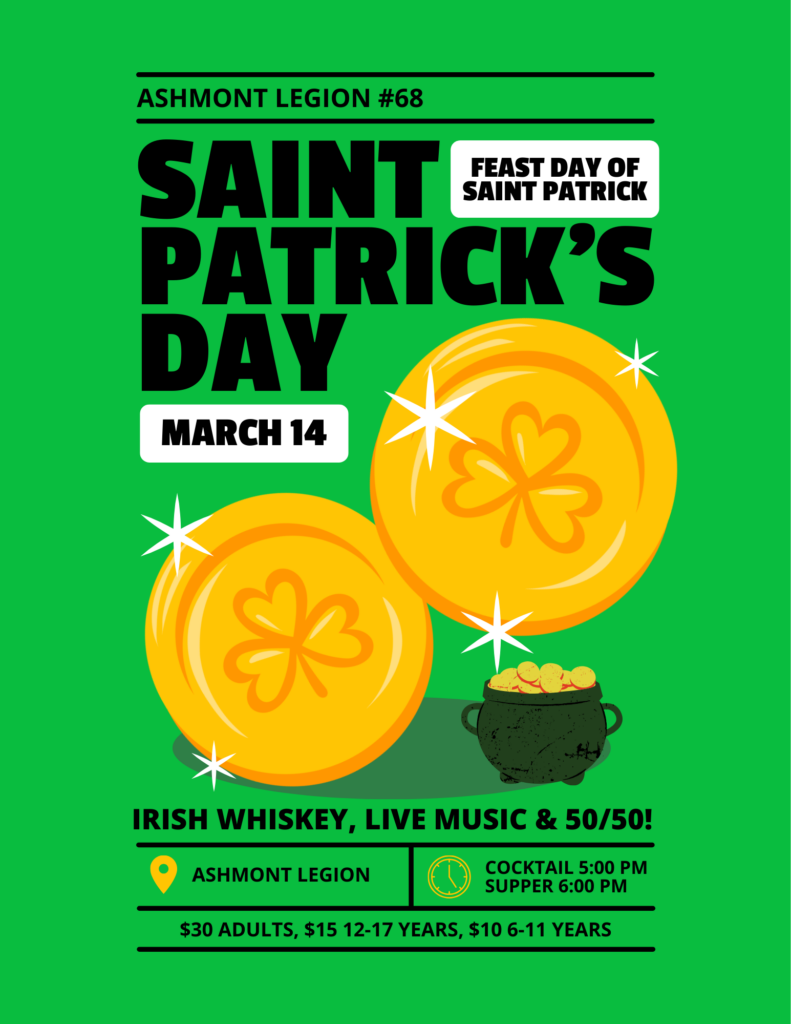 Ashmont Legion event poster for Feast Day of St. Patrick's on March 14, 2026