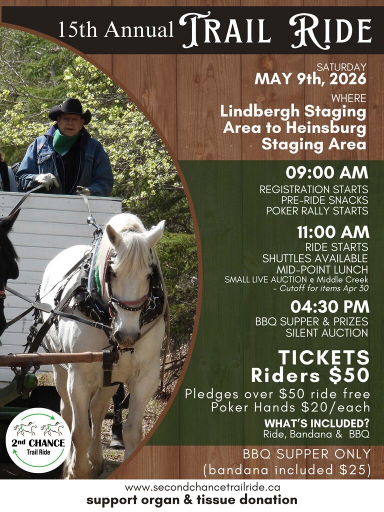 2nd Chance Trail Ride Society event poster for the 15th Annual Trail Ride from Lindbergh to Heinsburg on May 9, 2026