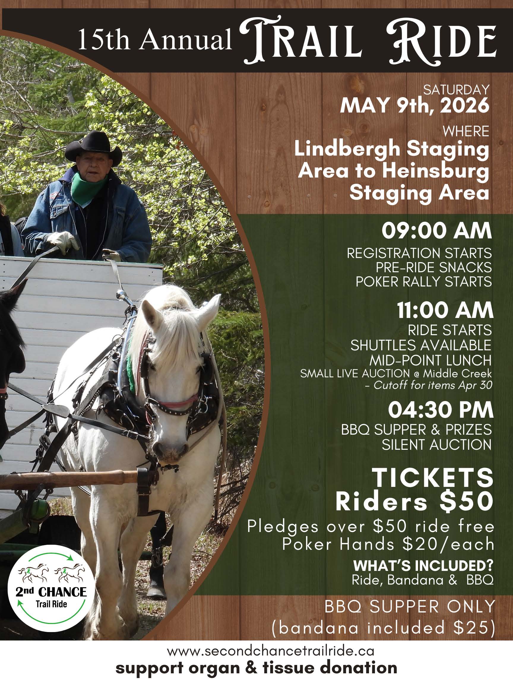 2nd Chance Trail Ride Society event poster for the 15th Annual Trail Ride from Lindbergh to Heinsburg on May 9, 2026