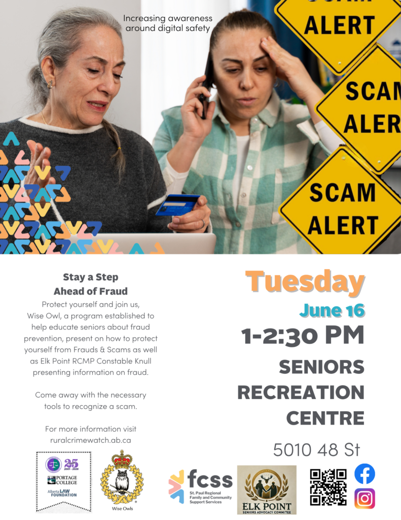 St. Paul Regional FCSS event poster for Wise Owl Fraud Prevention in Elk Point, Alberta