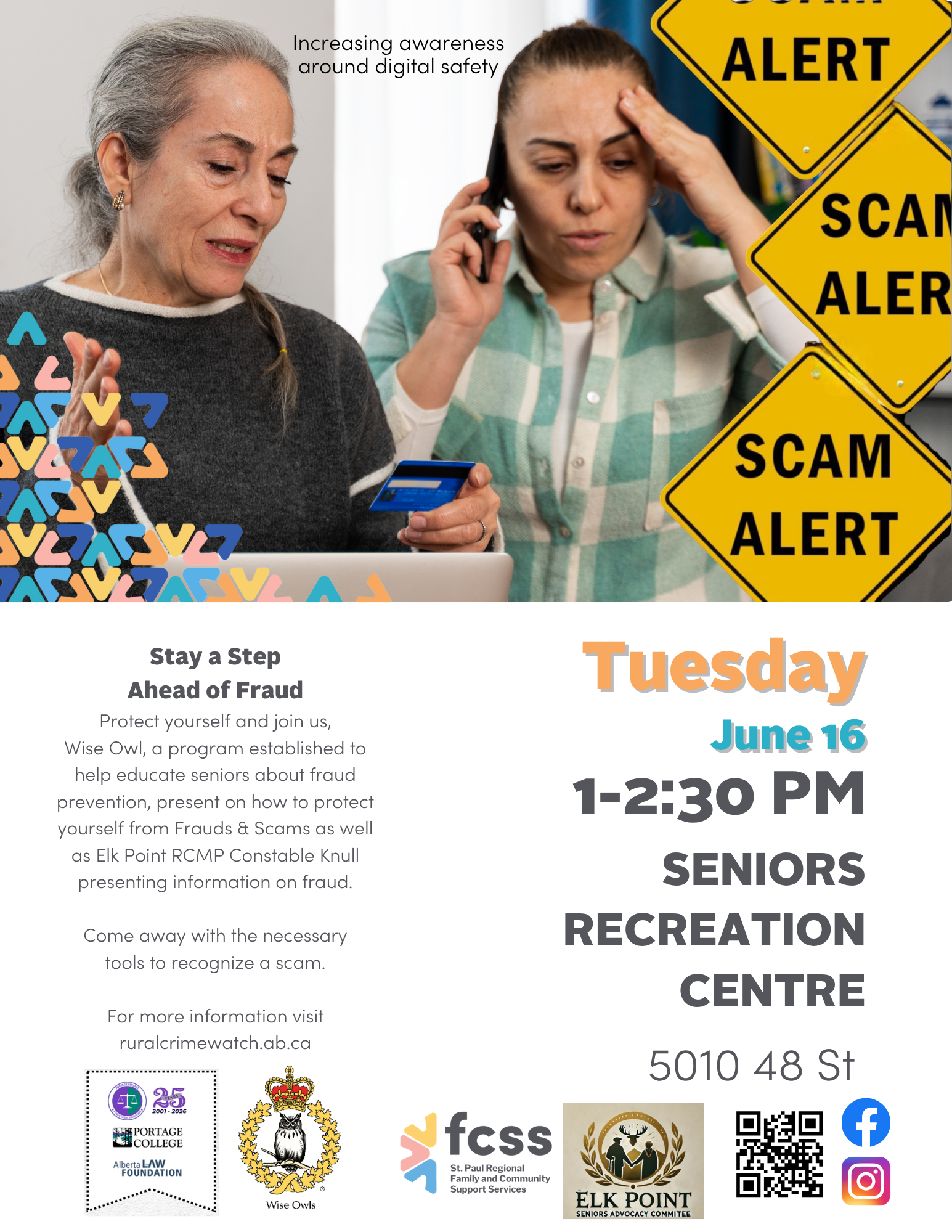 St. Paul Regional FCSS event poster for Wise Owl Fraud Prevention in Elk Point, Alberta