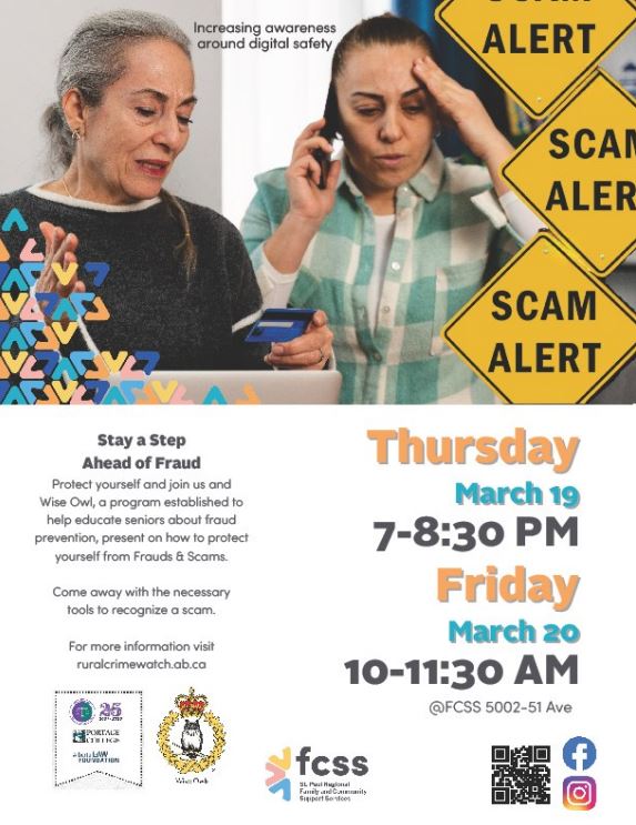 St. Paul Regional FCSS event poster for Scam Alert on March 19 and 20, 2026