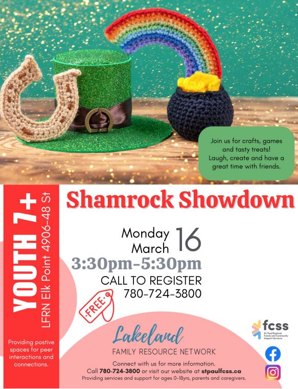 Lakeland Family Resource Network event poster for Shamrock Showdown on March 16, 2026, in Elk Point, Alberta