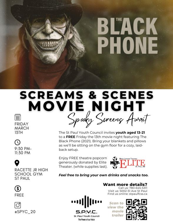 St. Paul Youth Council event poster for Screams & Scenes Movie Night on March 13, 2026