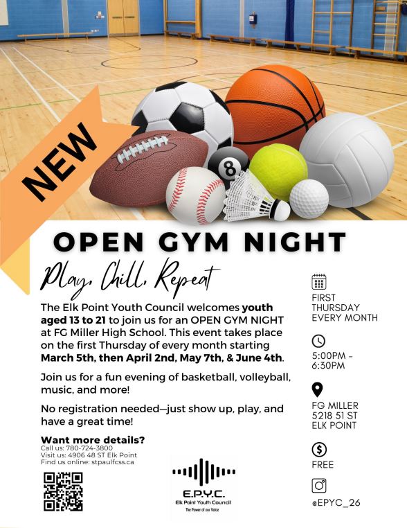 Elk Point Youth Council event poster for Open Gym Night on March 5, April 2, May 7, and June 4, 2026