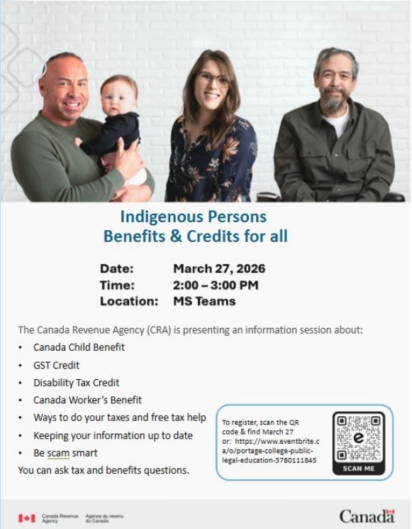 CRA and Portage College Public Legal Education event poster for an Indigenous persons tax webinar on March 27, 2026