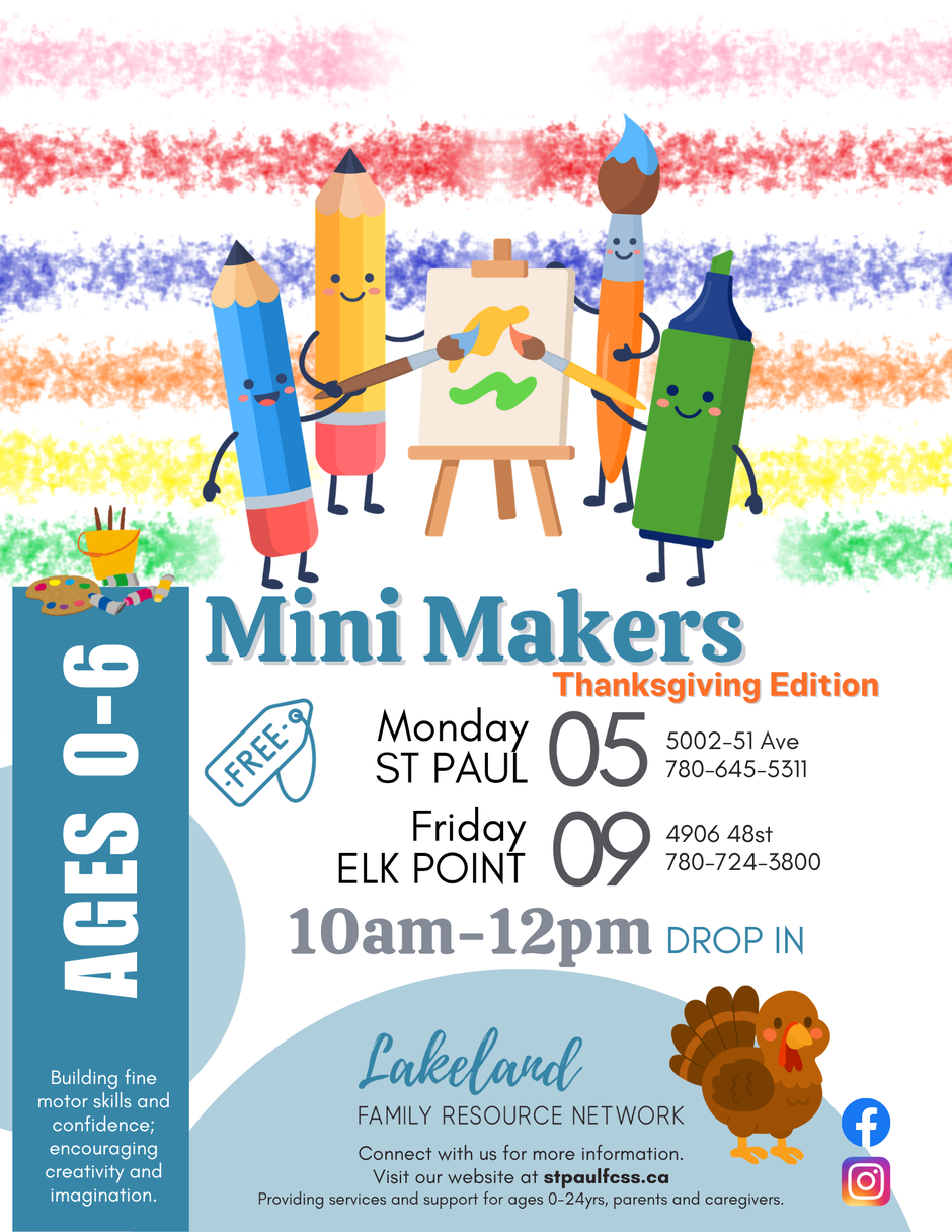 Lakeland Family Resource Network event poster for Mini Makers in St. Paul on October 5, 2026, and in Elk Point on October 9, 2026