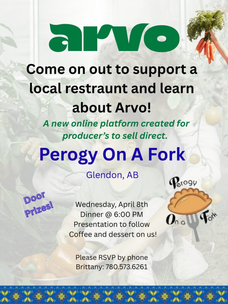 Arvo event poster for a dinner and presentation in Glendon, Alberta, on April 8, 2026