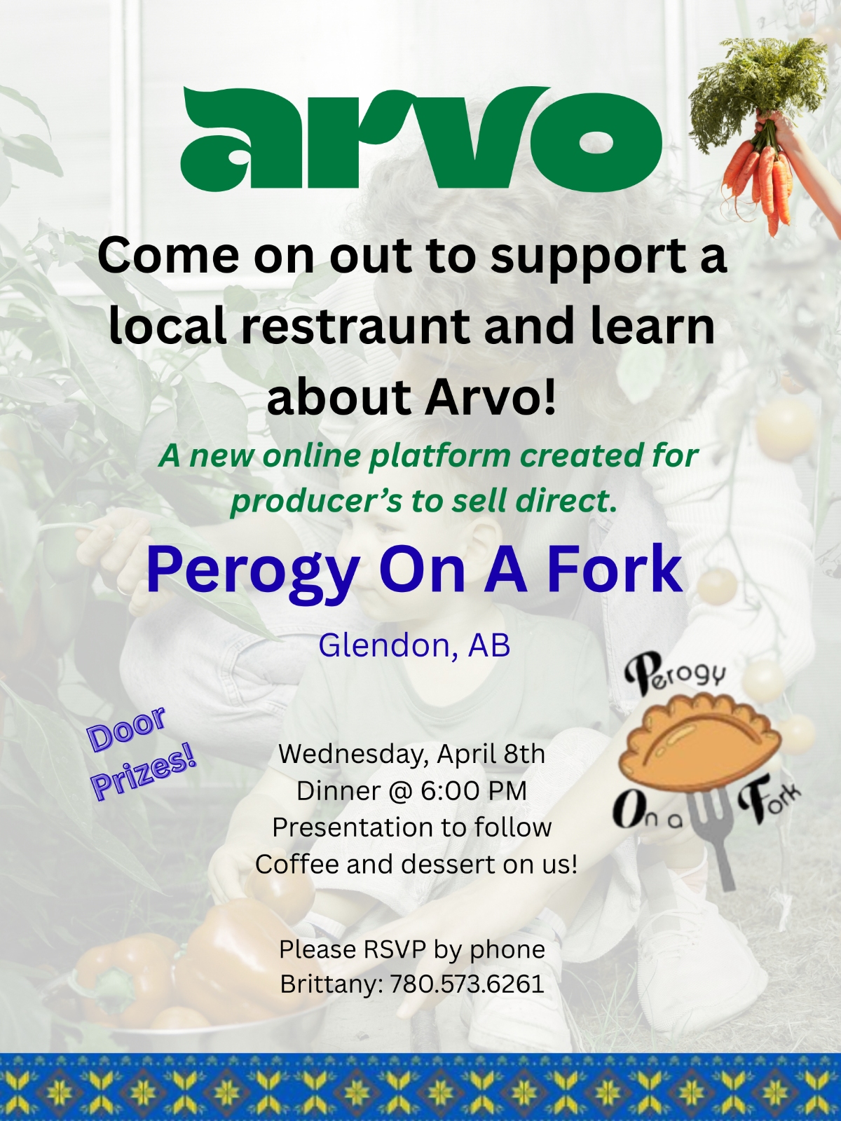 Arvo event poster for a dinner and presentation in Glendon, Alberta, on April 8, 2026