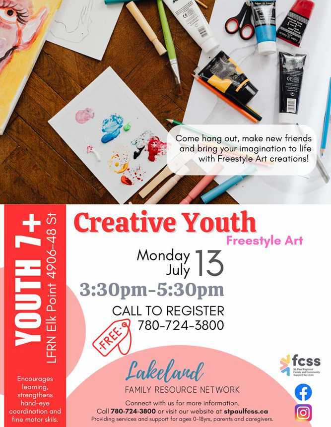 Lakeland Family Resource Network event poster for Creative Youth in Elk Point, Alberta, on July 13, 2026