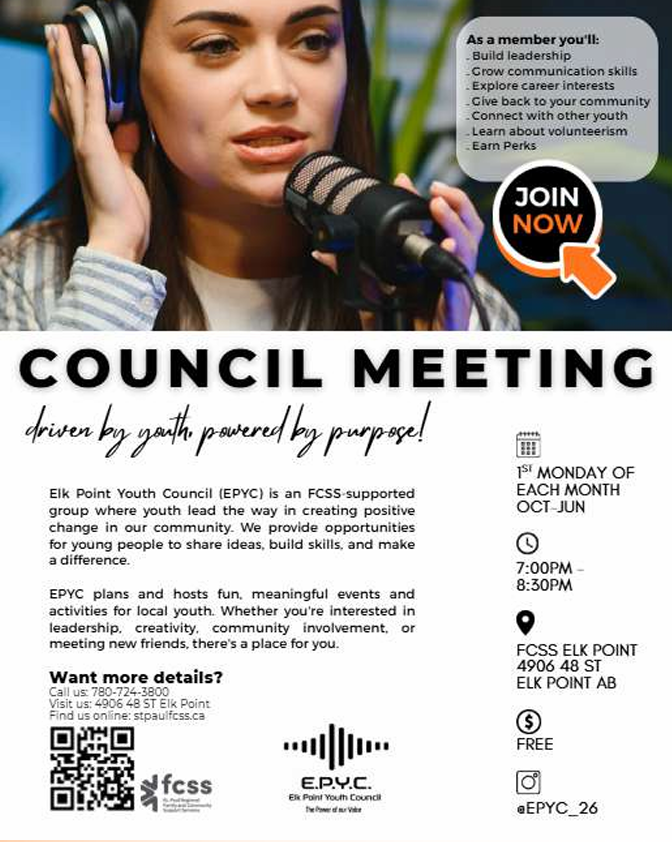 Elk Point Youth Council event poster for monthly Council Meetings from October 2026 to June 2027