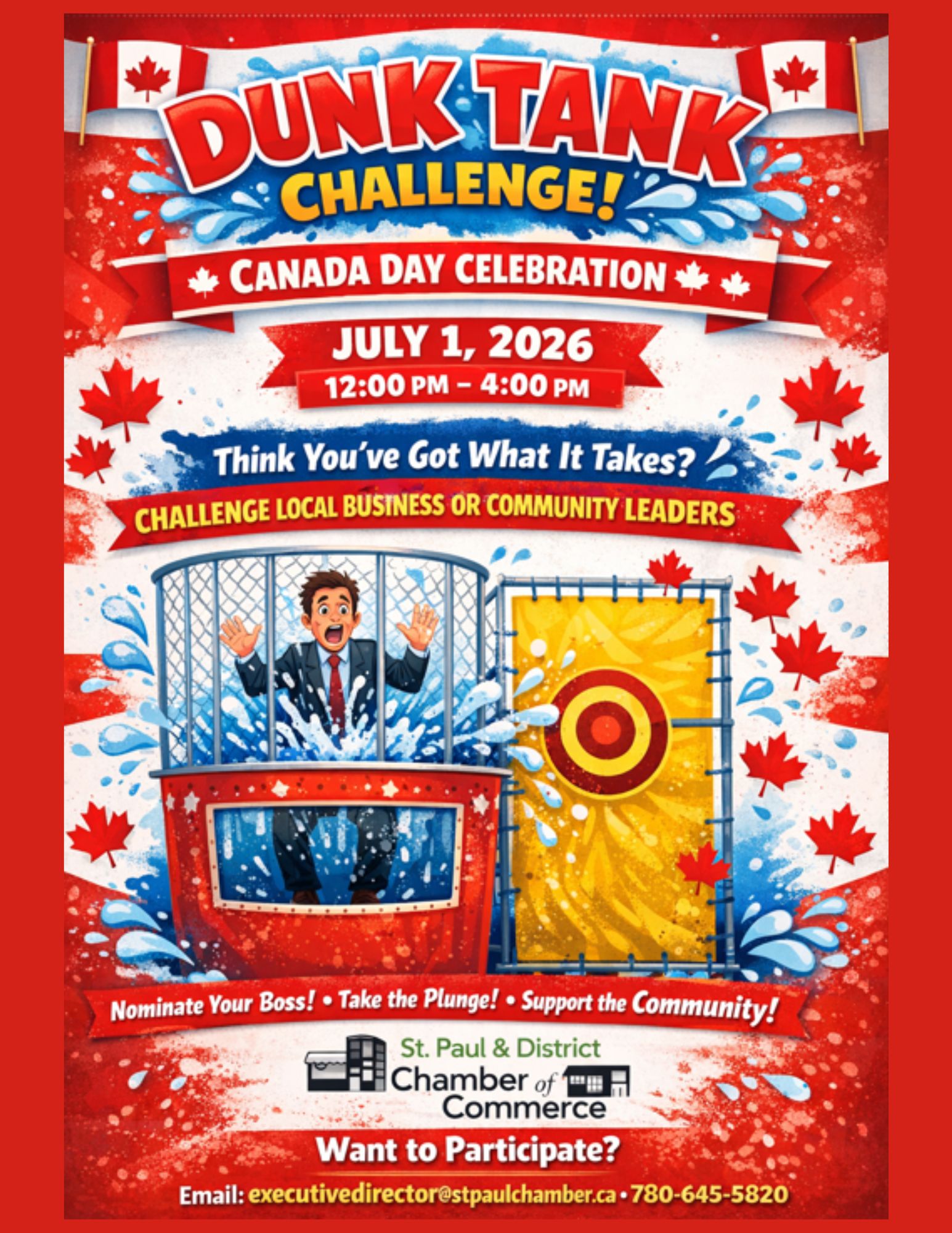 St. Paul & District Chamber of Commerce event poster for Dunk Tank Challenge on July 1, 2026