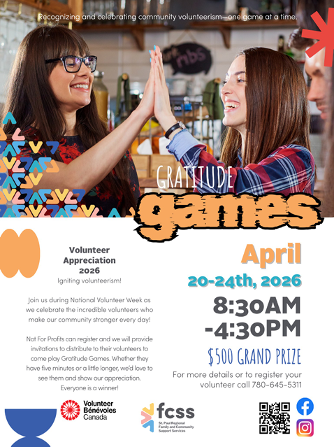 St. Paul Regional FCSS event poster for Gratitude Games from April 20-24, 2026