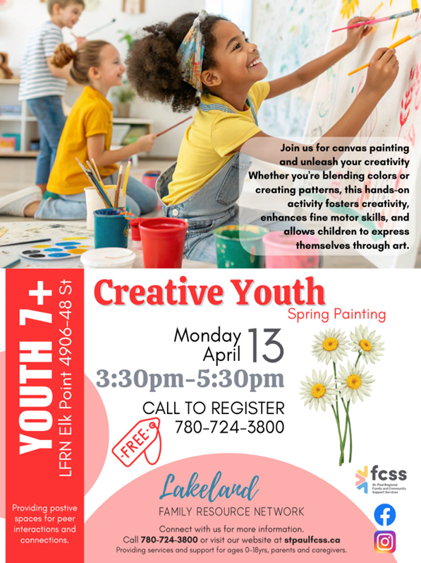 Lakeland Family Resource Network event poster for Creative Youth in Elk Point, Alberta, on April 13, 2026
