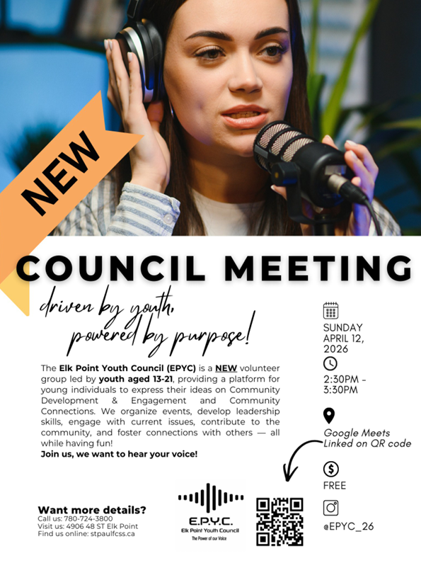 Elk Point Youth Council event poster for a monthly Council Meeting on April 12, 2026