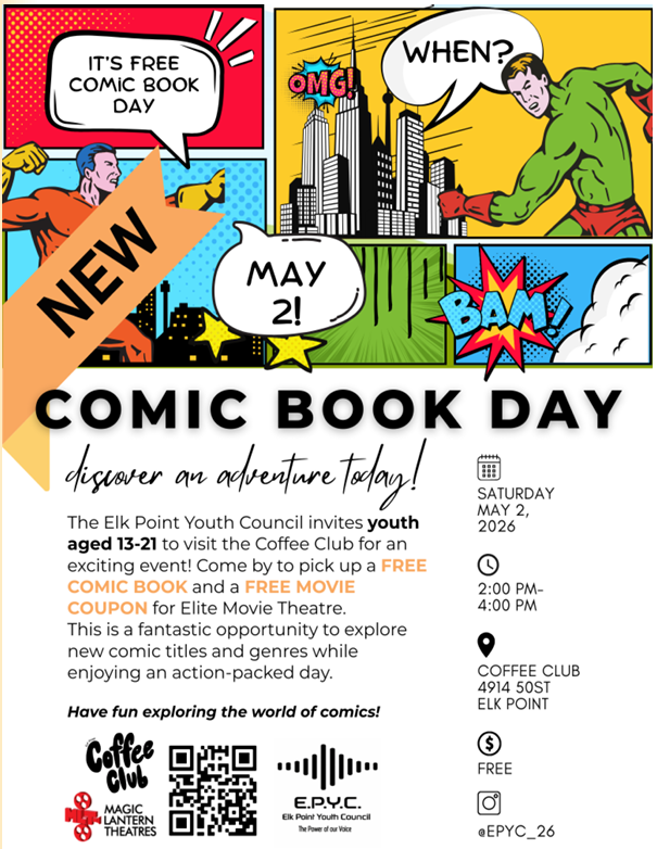 Elk Point Youth Council event poster for Comic Book Day on May 2, 2026
