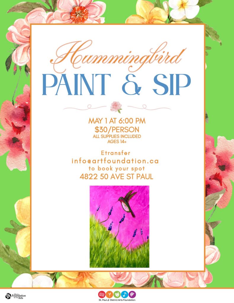 St. Paul & District Arts Foundation event poster for Paint & Sip on May 1, 2026