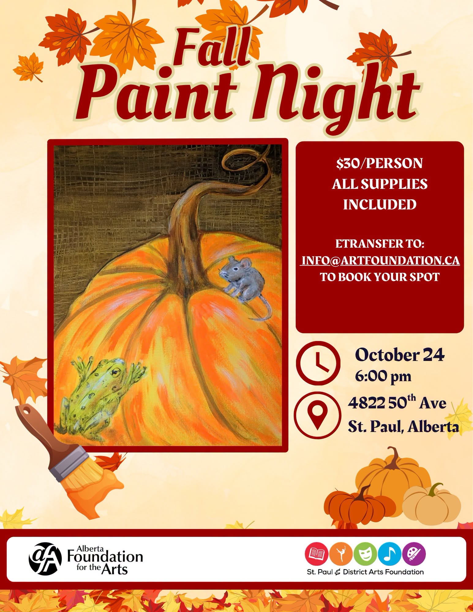 St. Paul & District Arts Foundation event poster for Fall Paint & Sip Night on October 24, 2026