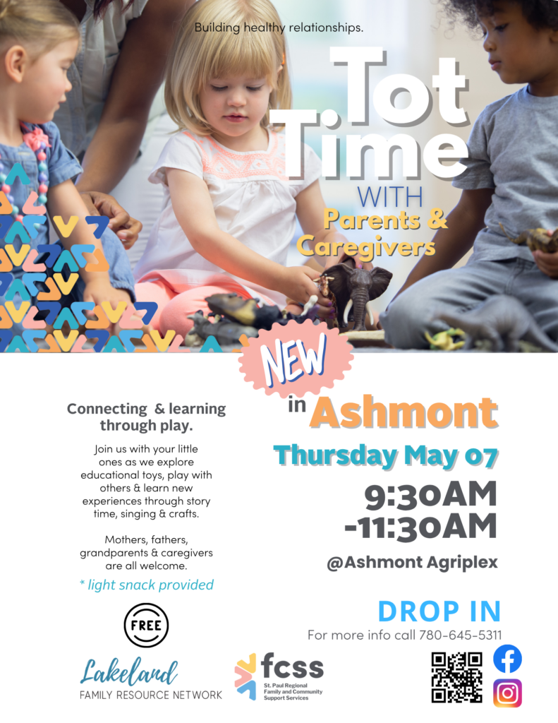 St. Paul Regional FCSS event poster for Tot Time in Ashmont, Alberta, on May 7, 2026