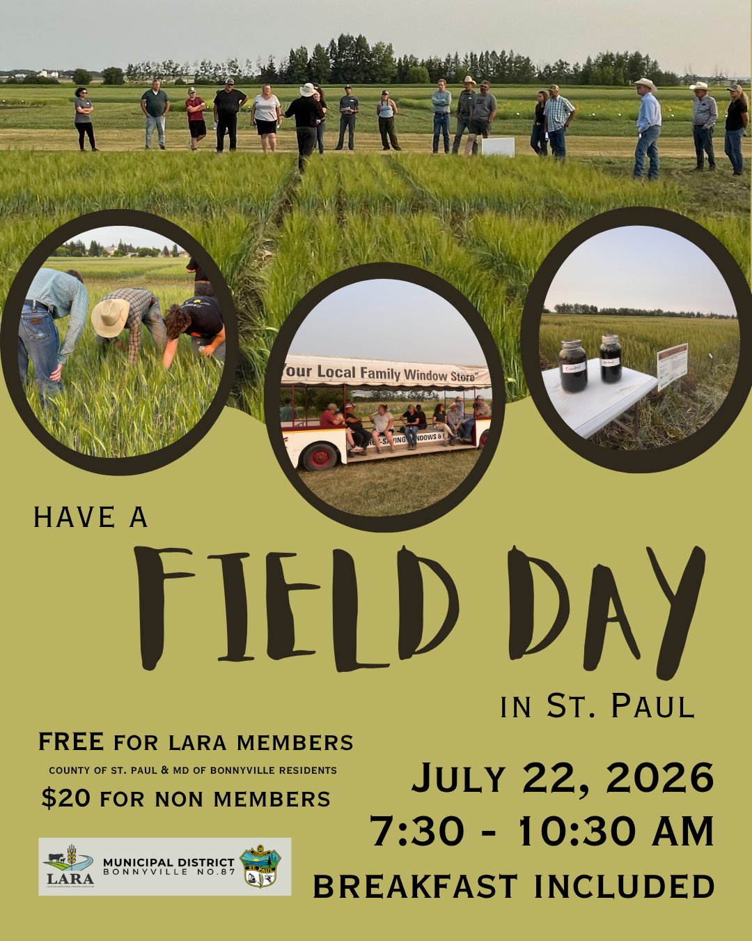 Lakeland Agricultural Research Association event poster for Have a Field Day (field tour in St. Paul) on July 22, 2026